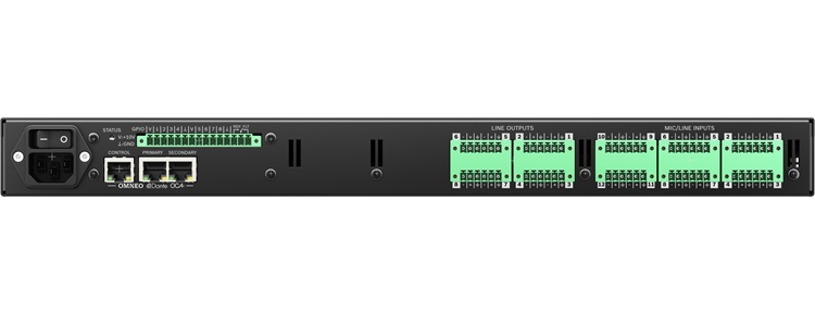 Gồm 12 đầu vào mic/line analog, 8 đầu ra line và 64x64 kênh Dante