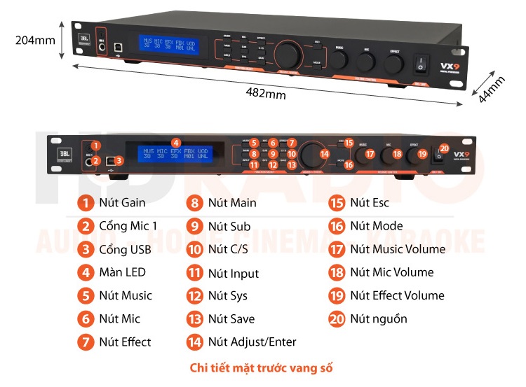 Mặt trước và kích thước của vang số JBL VX9